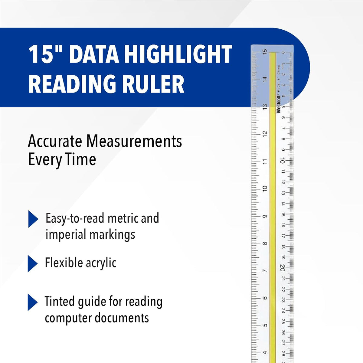 Westcott Acrylic Data Highlight Reading Ruler With Tinted Guide, 15" Clear