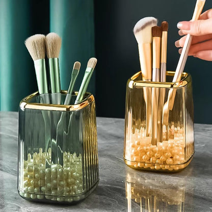 Acrylic Pen Holder, Cute Clear Gold Desk Organizer for Pencils, Makeup Brushes Toothbrushes with Striped Design for Vanity Bathroom Storage Cup