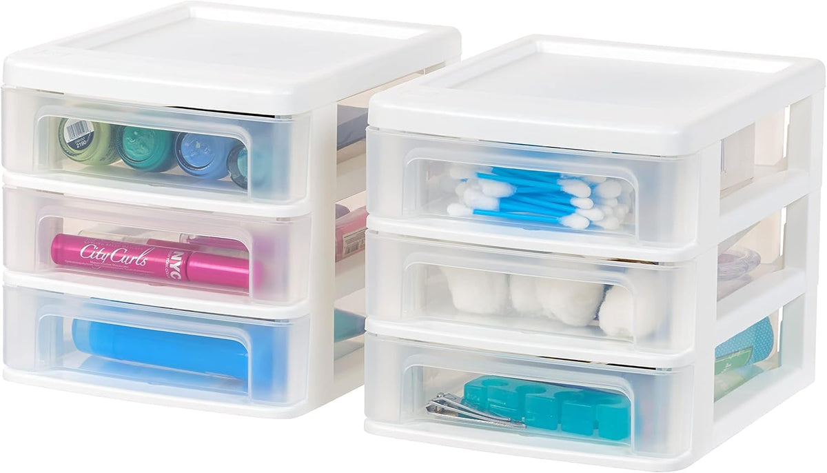 IRIS USA 2-Pack, 3-Drawer Small Plastic Stacking Desktop Organizer, Black