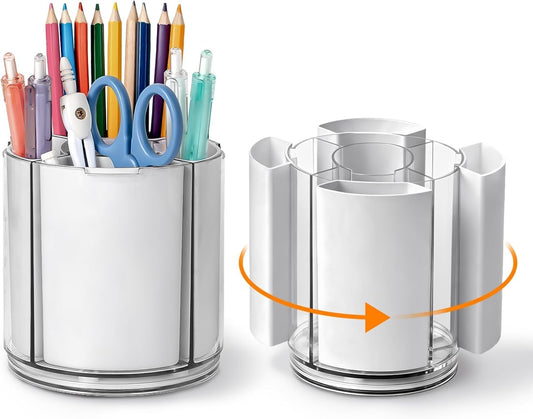 360° Rotating Pen Holder for Desk Adjustable Pencil Organizer, Gray-White