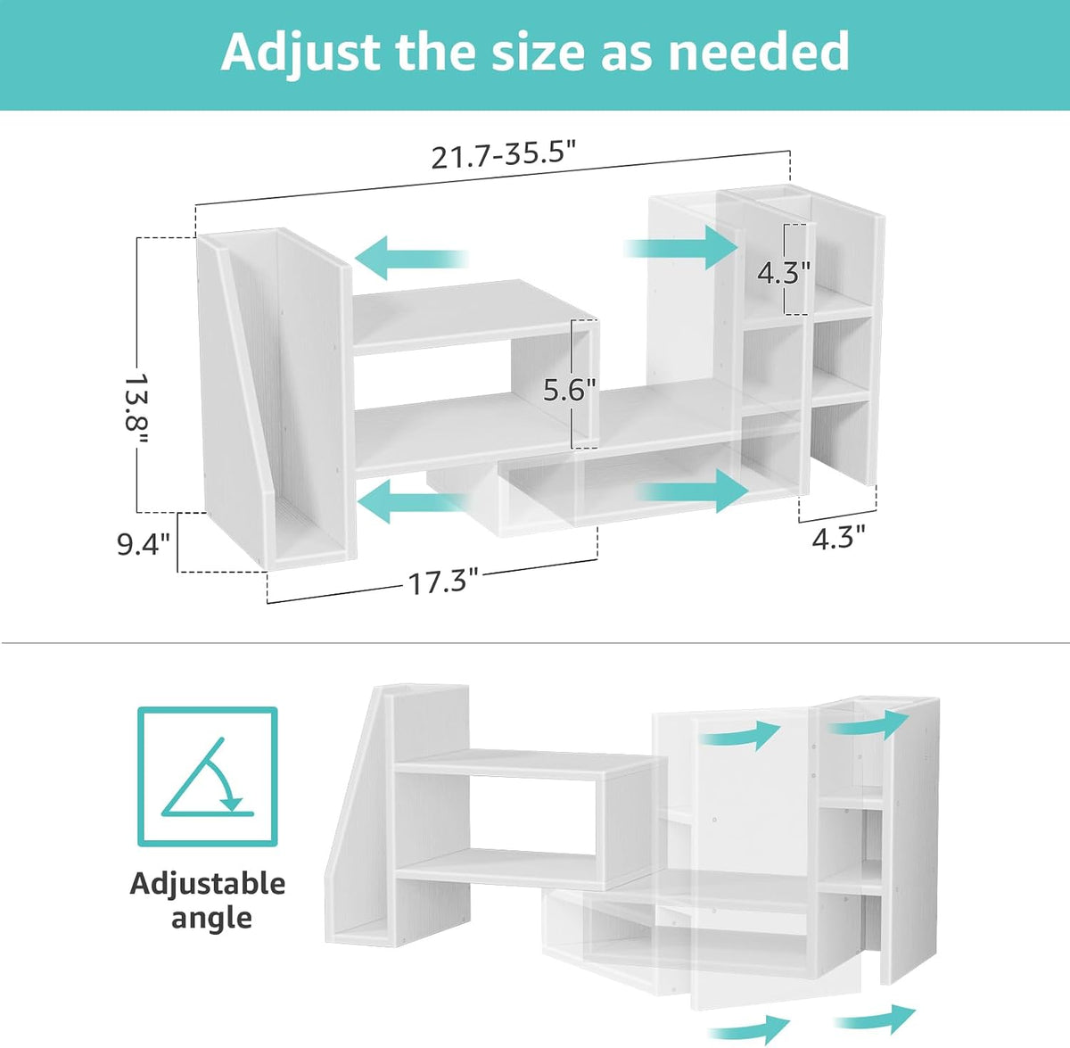 Desktop Shelf Desk Organizer File Holder - Dorm College Desk Bookshelf, Adjustable White Wood Shelving, Small Countertop Bookcase for Office Supplies, Student Study Desk & Home Organization Rack