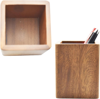 Walnut Wooden Pencil Holder Cup for Desk Natural Wood Pen Holder Stand for Office Home (Square)
