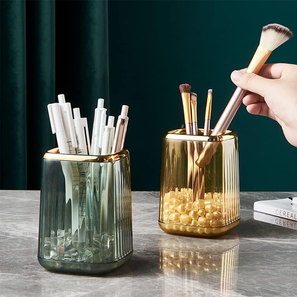 Lebenrich Makeup Brush Holder Organizer for Vanity, Acrylic Gold Make Up Brushes Holders Container Storage Cup with Striped Design for Bathroom Countertop, Pen Pencil Holder Cosmetic Cup for Desk
