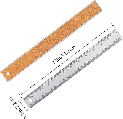 12 Inch Metal Ruler Stainless Steel Metal Ruler with Cork Backing, Non-Slip Rulers with Inch and Centimeters, Straight Edge Cork Base Rulers for Student School Office Drafting Tools