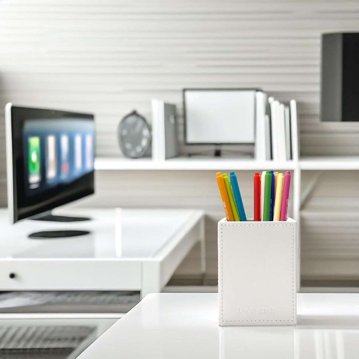 UnionBasic Square Pen Holder, Leather Pencil Cup, Desktop Caddy Stationery Organizer, White