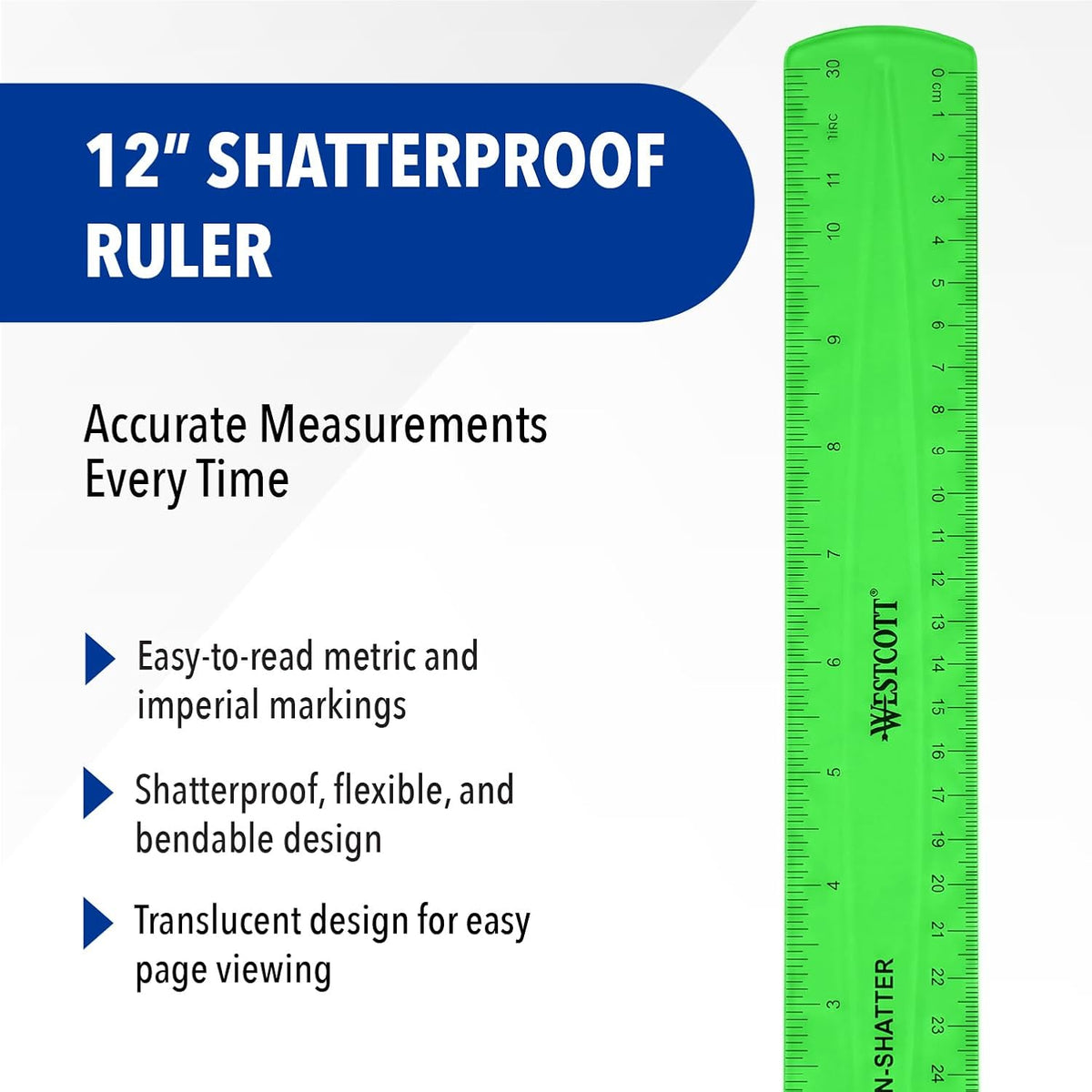Westcott Shatterproof Ruler, 12-Inch, Green, 16012