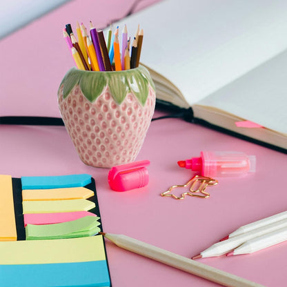Sixbaole Pink Strawberry Ceramic Pencil Holder for Desk, Cute Office Decor