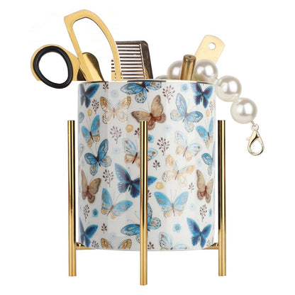 Gold pencil cup Sturdy metal frame with white ceramic pen holder For desks and kitchen appliance holders