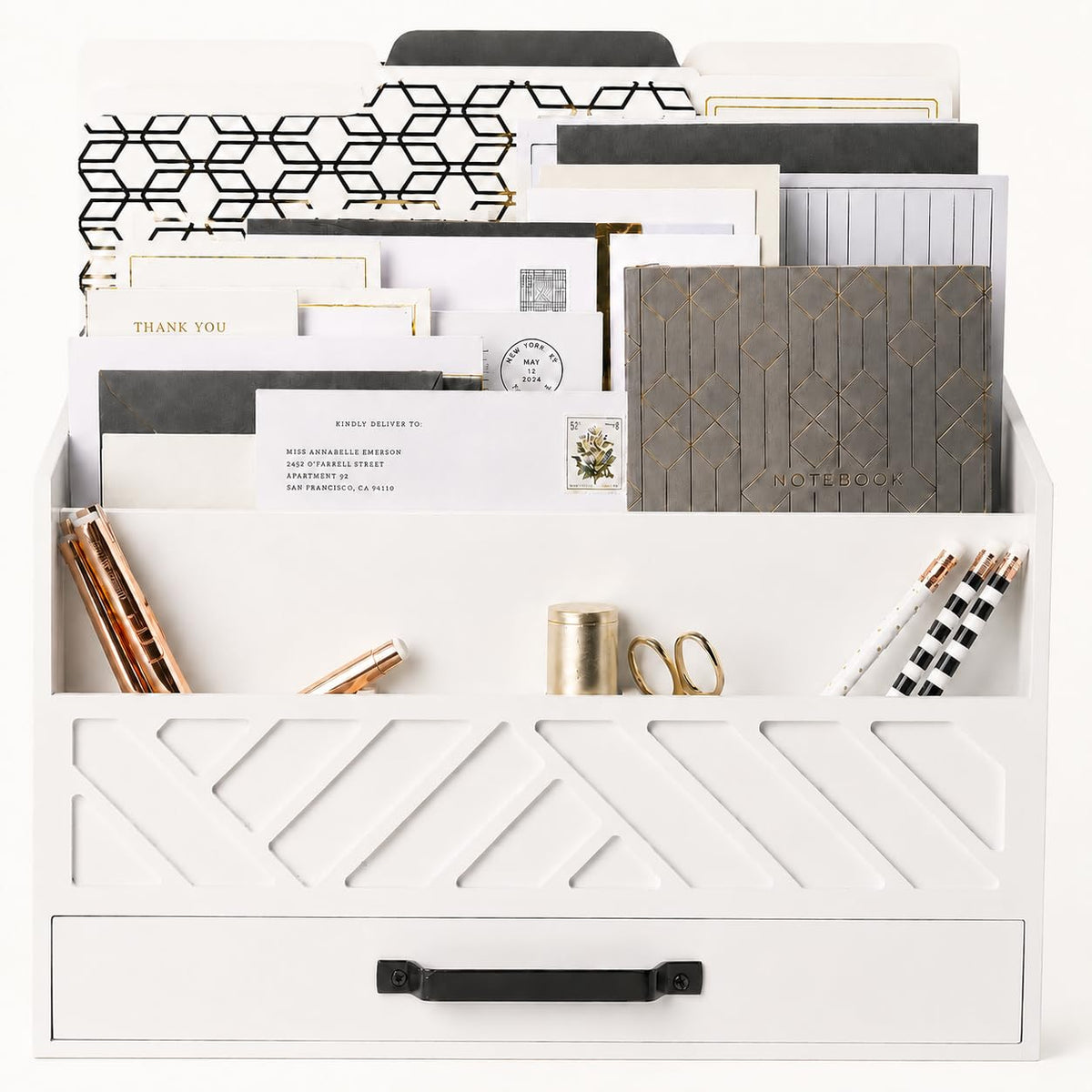 BLU MONACO | Wooden Mail Organizer with Drawer | Mail Organizer Countertop with 6 Compartments | Bill Holder for Desk | White Desktop Mail Sorter