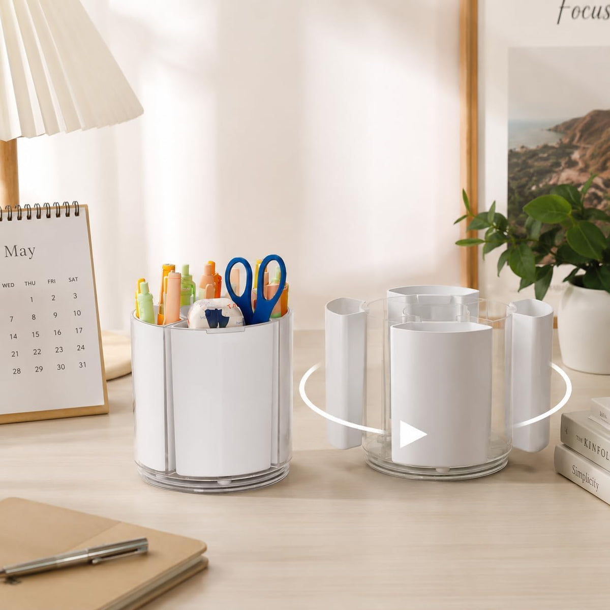 360° Rotating Pen Holder for Desk Adjustable Pencil Organizer, Gray-White