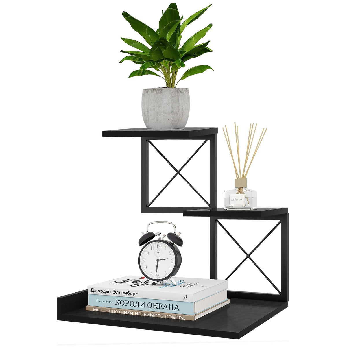 ELITEROO Desk Shelf Organizer, Wood Desktop Organizer Small Bookshelf, 3 Tier Storage Shelf Riser Display Stand for Office Decor and Desk Accessories, Rustic Brown Black