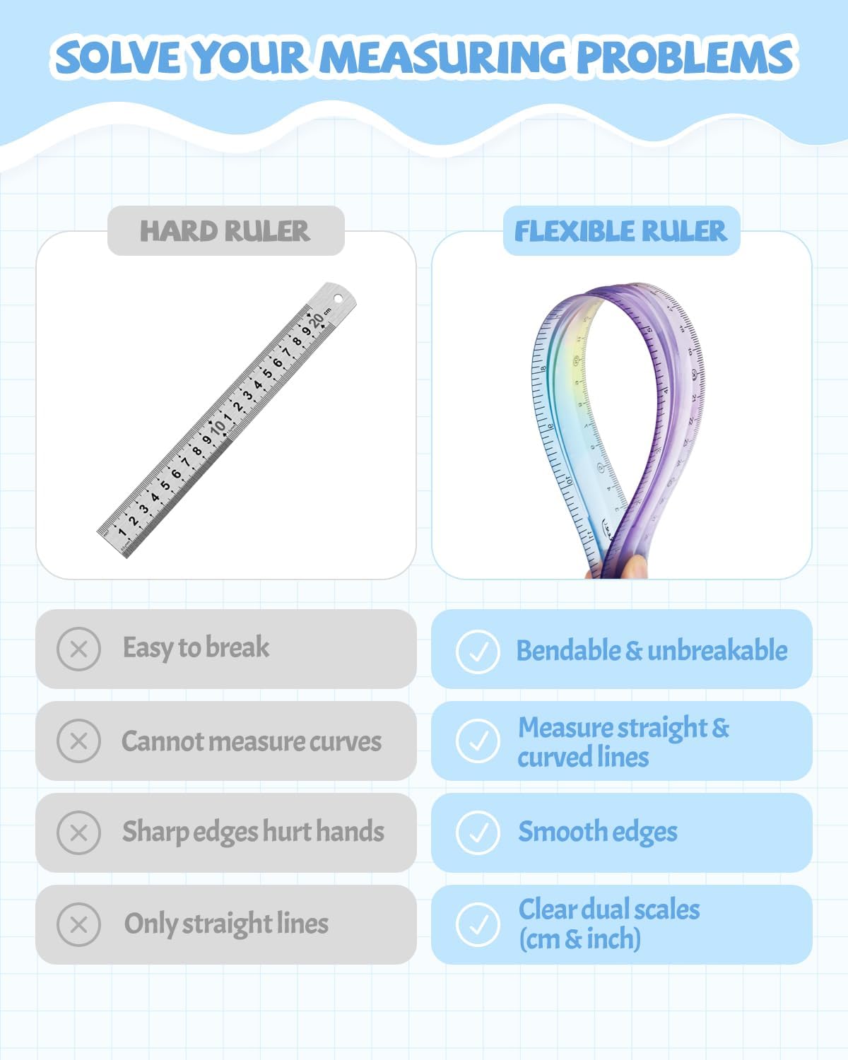 2 PCS 12 Inch Flexible Ruler, Bendable Plastic Ruler, Soft Bendable Gradient Colour Rulers with Centimeters and Inches for Student School Classroom Office Supplies
