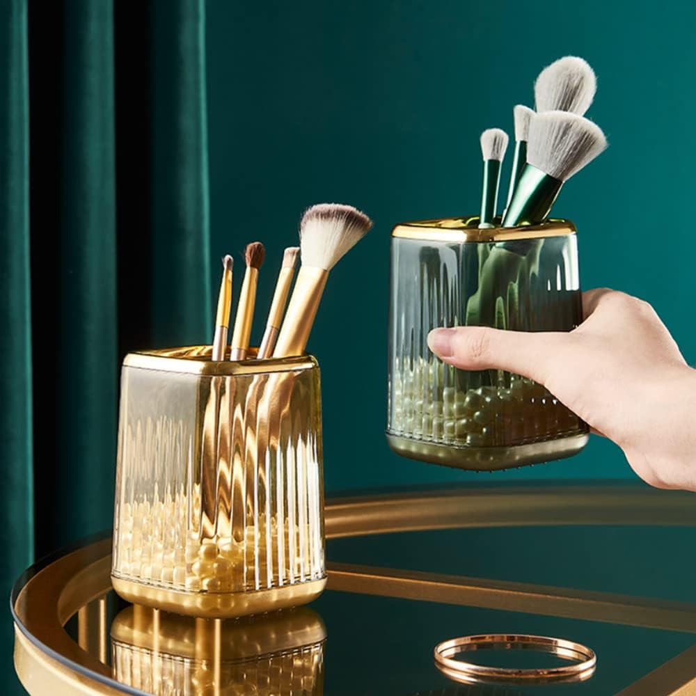 Lebenrich Makeup Brush Holder Organizer for Vanity, Acrylic Gold Make Up Brushes Holders Container Storage Cup with Striped Design for Bathroom Countertop, Pen Pencil Holder Cosmetic Cup for Desk