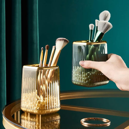 Lebenrich Makeup Brush Holder Organizer for Vanity, Acrylic Gold Make Up Brushes Holders Container Storage Cup with Striped Design for Bathroom Countertop, Pen Pencil Holder Cosmetic Cup for Desk