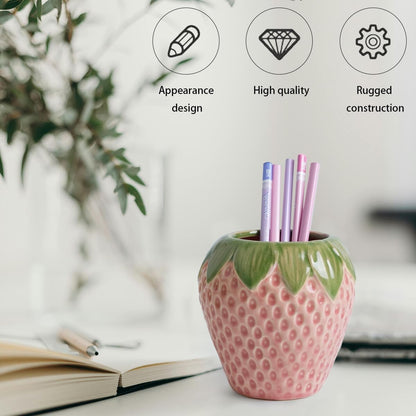 Sixbaole Pink Strawberry Ceramic Pencil Holder for Desk, Cute Office Decor