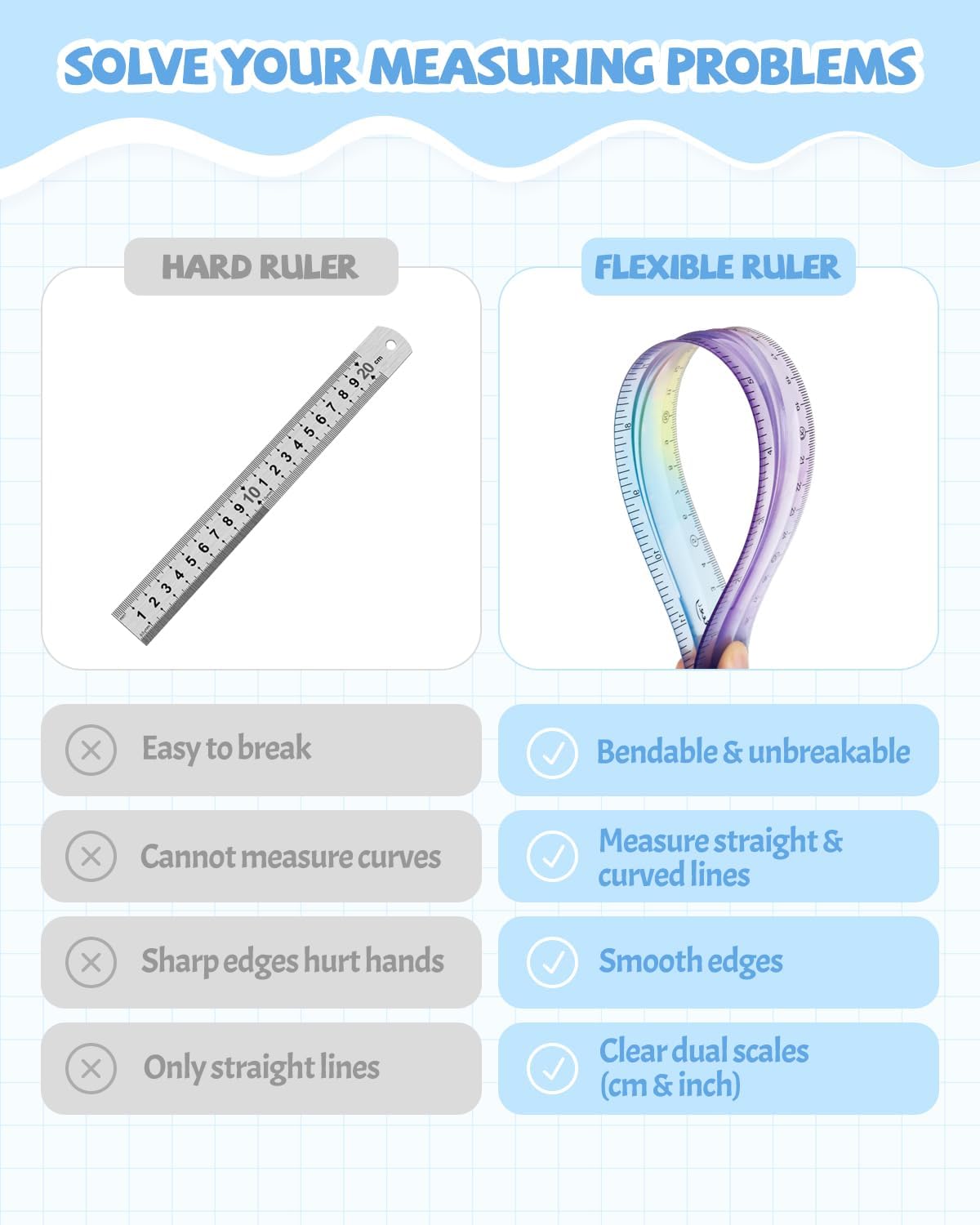 12 Inch & 6 Inch Flexible Ruler, Bendable Plastic Ruler, Soft Bendable Gradient Color Rulers with Centimeters and Inches for Student School Classroom Office Supplies