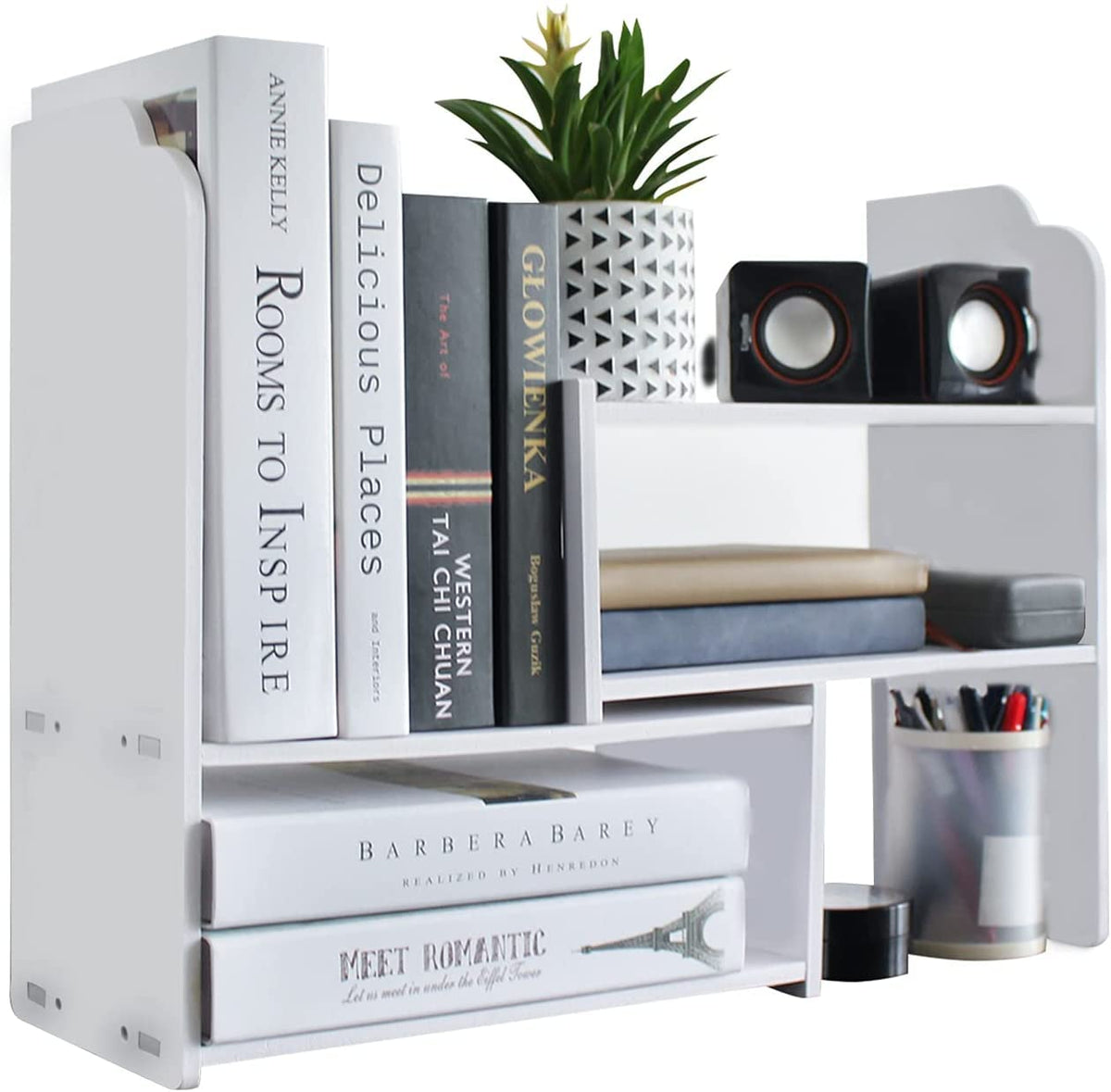 YGYQZ Adjustable Desktop Shelf Organizer, 3-Tier Desk Shelf, White Pattern