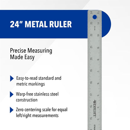 Westcott Stainless Steel Ruler, Zero-Center Scale with Non-Slip Cork Backing, Back-to-School, School Supplies, Classroom Supplies, 24-Inch