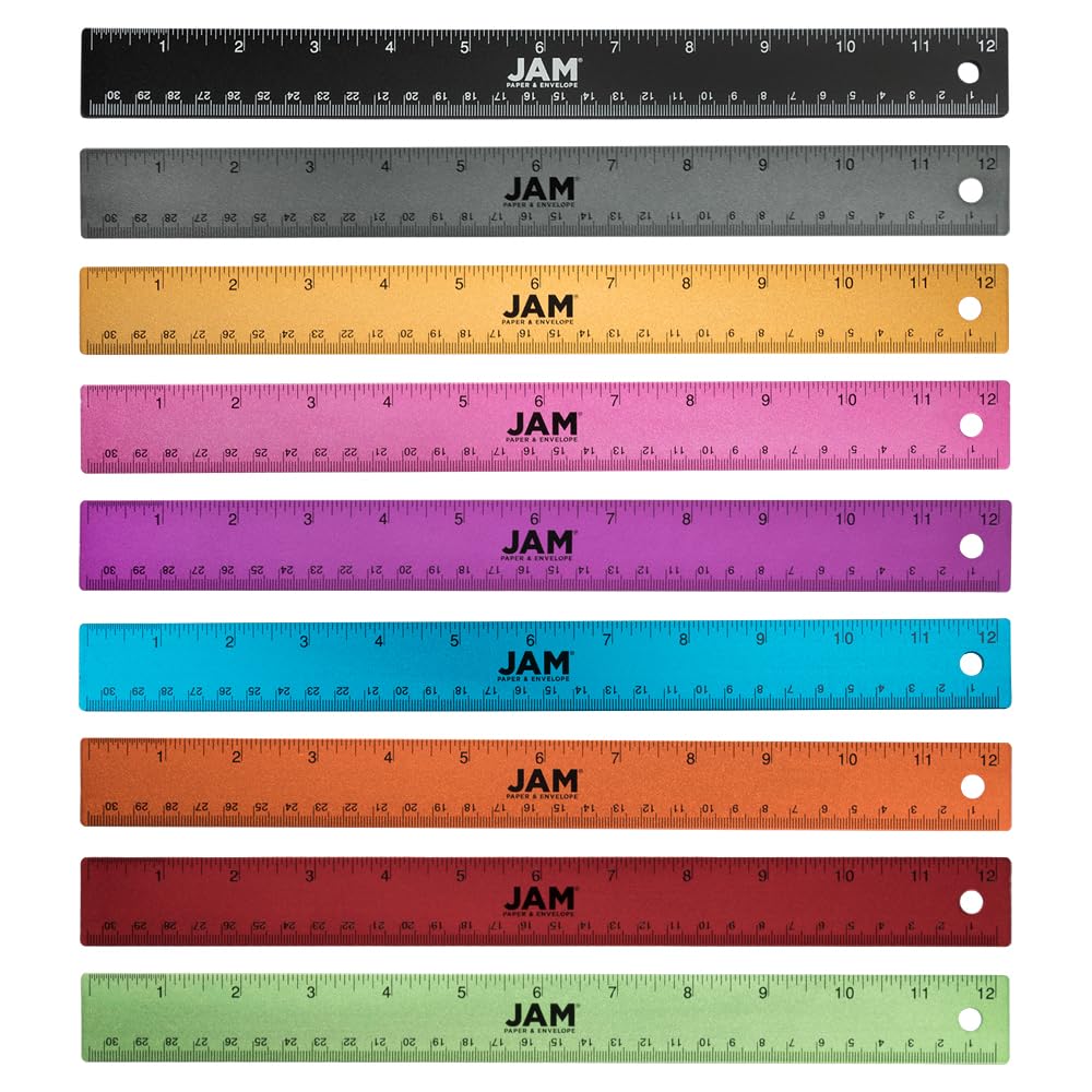 JAM PAPER Strong Aluminum Ruler - 12 Inch - Metal Ruler with Non-Skid Cork Backing - Lime Green - Sold Individually