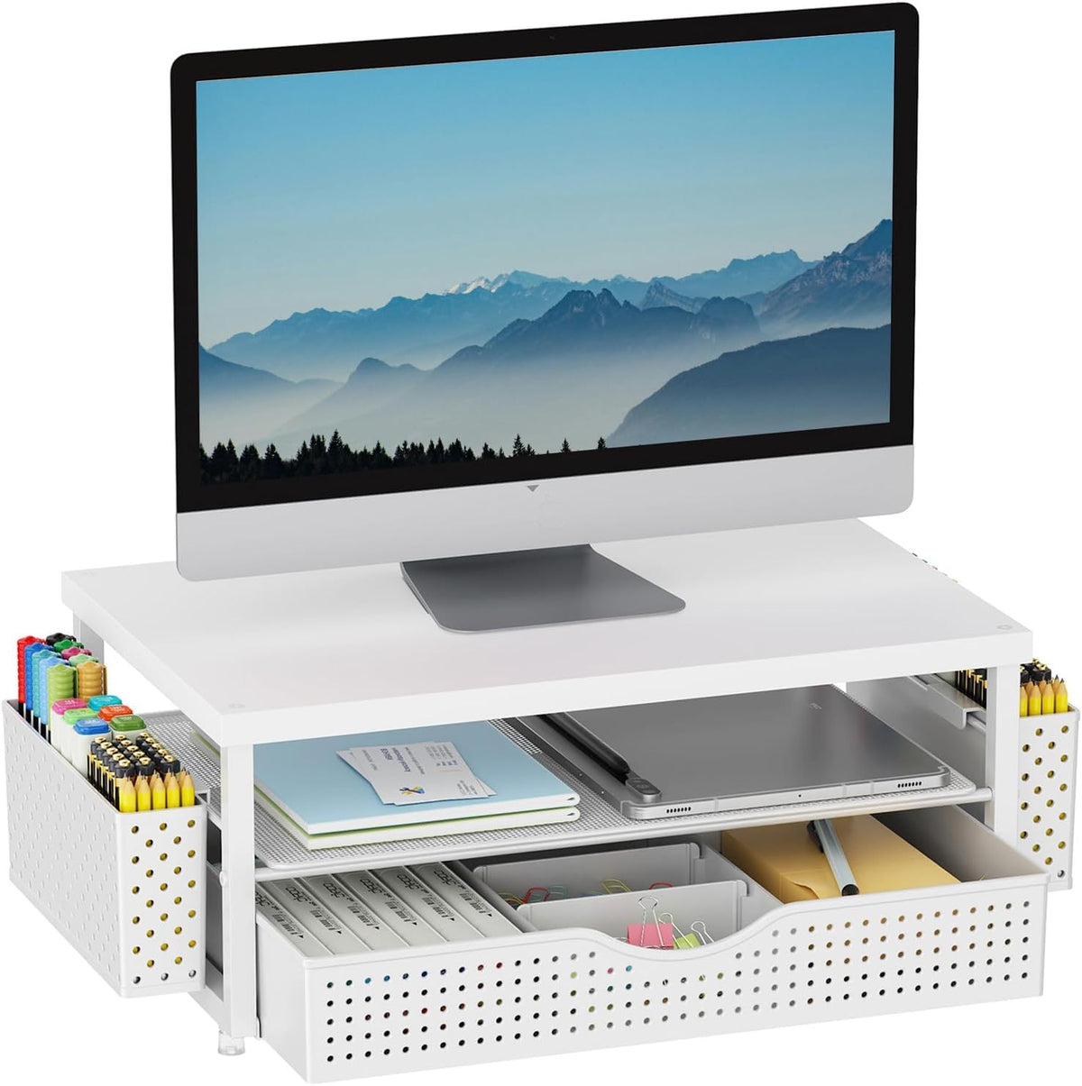 gianotter Desk Organizers and Accessories, Monitor Stand with Drawer and 2 Pen Holder, Desktop Organizer Suitable for Offices and Dormitories (Wood)