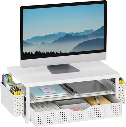 gianotter Desk Organizers and Accessories, Monitor Stand with Drawer and 2 Pen Holder, Desktop Organizer Suitable for Offices and Dormitories (Wood)