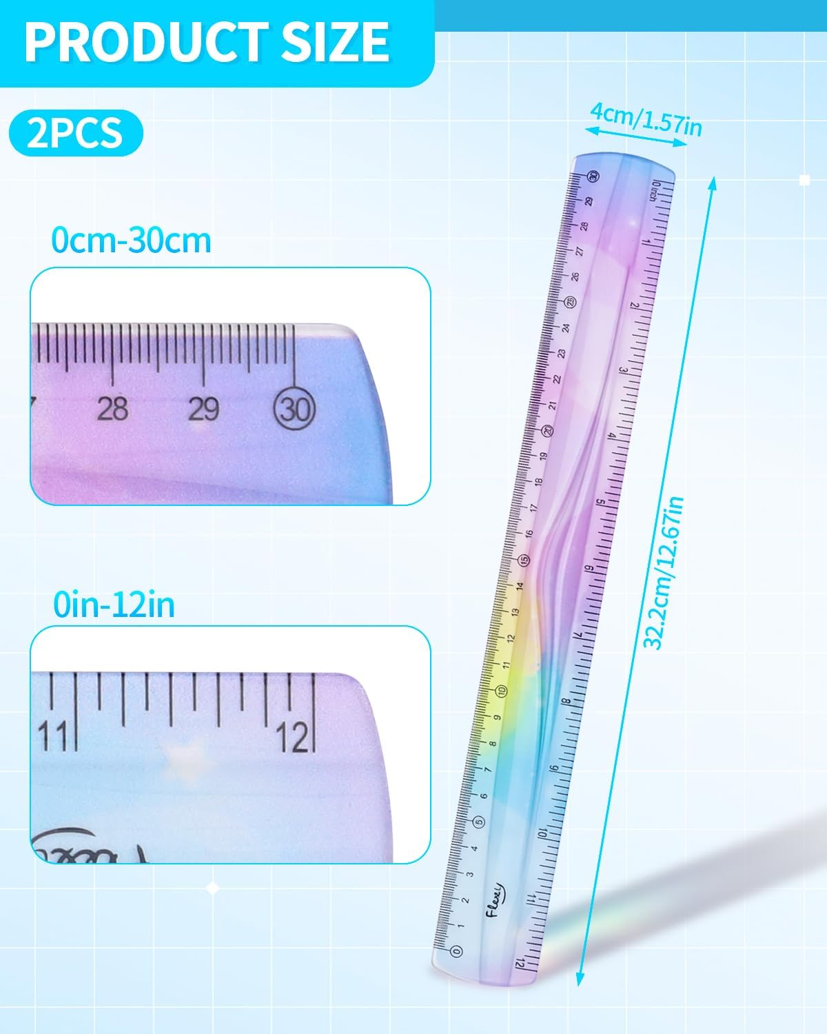 2 Pcs 12 Inch Flexible Ruler, Bendable Plastic Ruler, Gradient-Colored Flexible Rulers with Centimeters and Inches for Students, School, Classroom and Office Use