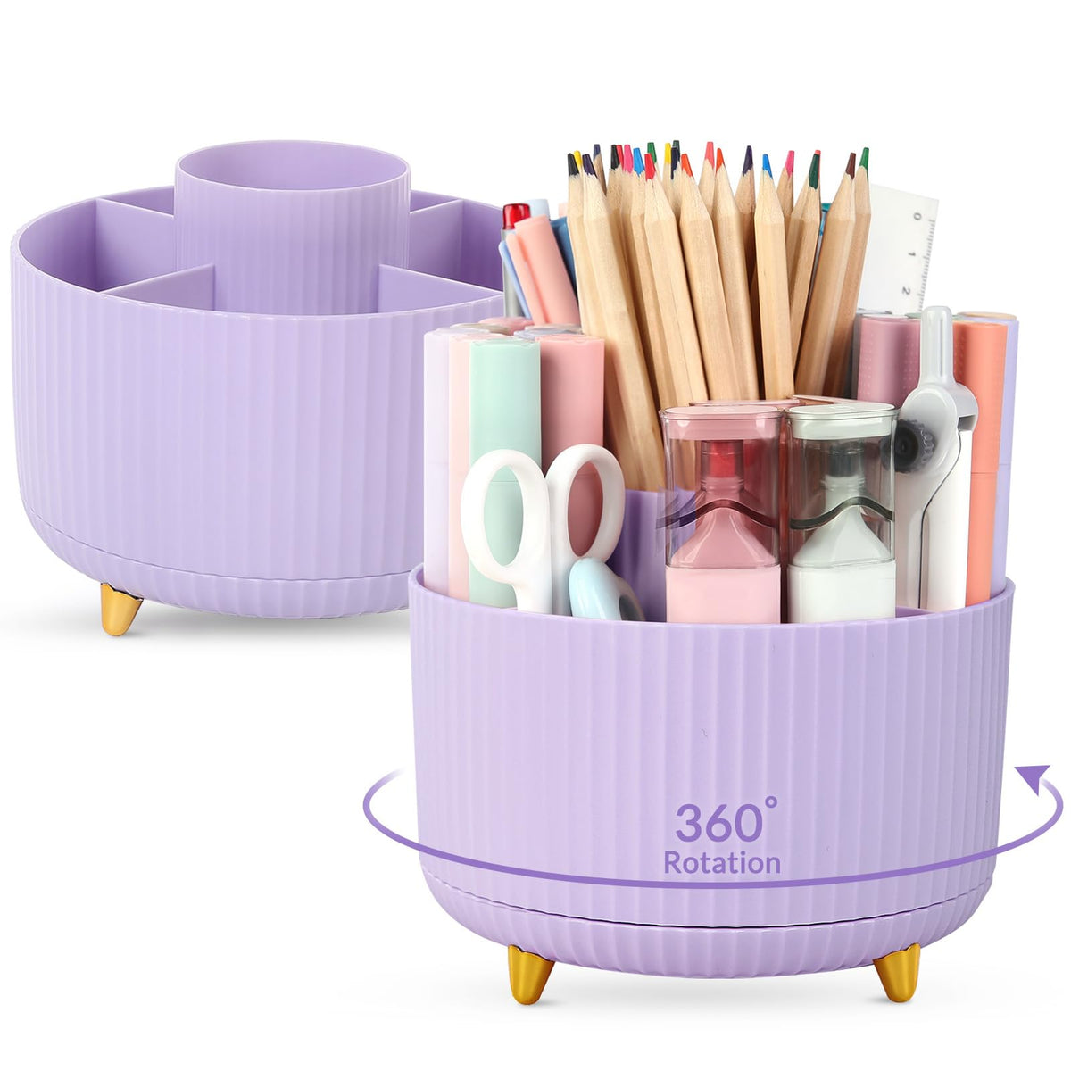 SKYDUE 360 Rotating Purple Pen & Art Supply Organizer - 5 Slot Desk Organizer for Office, School, Home