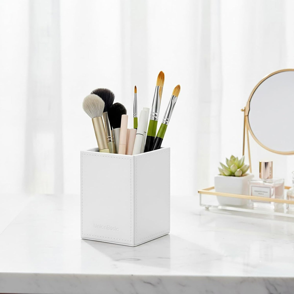 UnionBasic Square Pen Holder, Leather Pencil Cup, Desktop Caddy Stationery Organizer, White