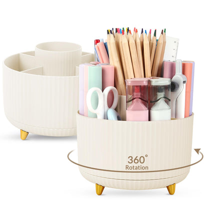 SKYDUE 360 Rotating Plastic Desk Pen Organizer with 5 Slots, Dual-Purpose Art Supply Pencil Cup for Office, School, Home