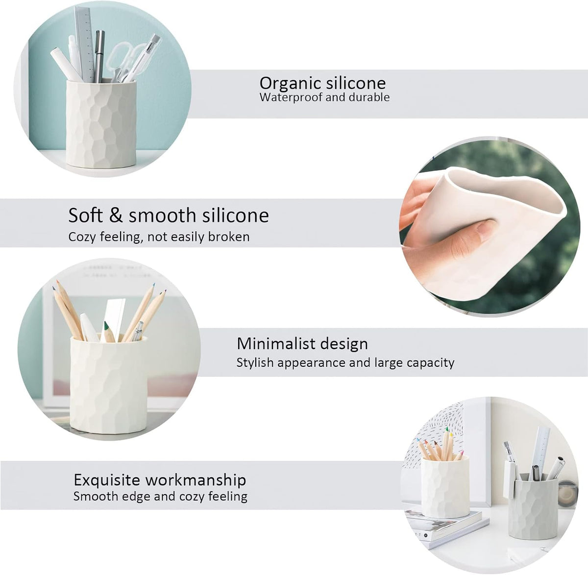 minimaliving Pen Holder,Nordic Style Silicone Waterproof Pencil Holder for Desk Simple&Modern Minimalist Makeup Organizer Multifunctional Office Supplies for Home,Kids and School(Beige)