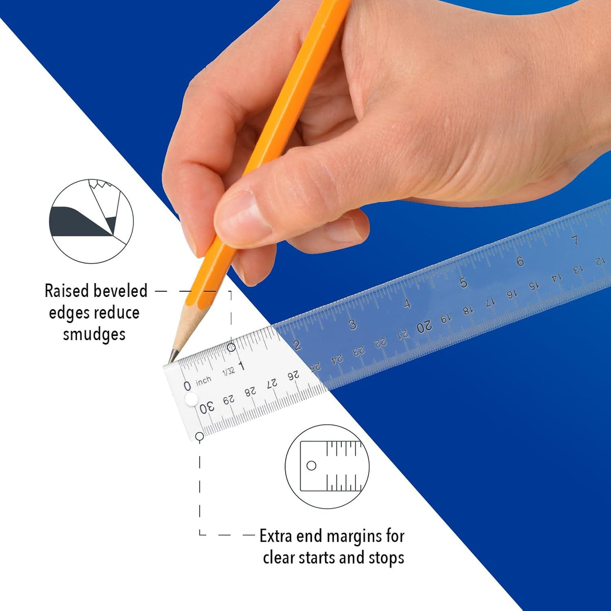 Westcott Acrylic Clear Rulers Set, Easy-to-Read Markings, Scratch-Resistant Design, Raised Beveled Edges, for Crafting, Office, Classroom, Back to School, School Supplies, 12-Inch, 3 Pack