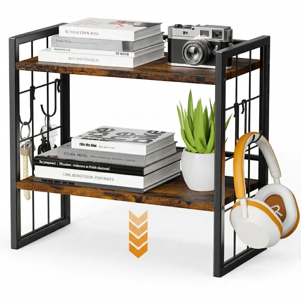 Office Desk Shelf Organizer, Wood Desktop Bookshelf Supplies Storage Rack, Shelf for Top of Desk and Dresser (Brown-2 Tier)