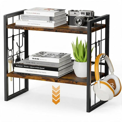 Office Desk Shelf Organizer, Wood Desktop Bookshelf Supplies Storage Rack, Shelf for Top of Desk and Dresser (Brown-2 Tier)