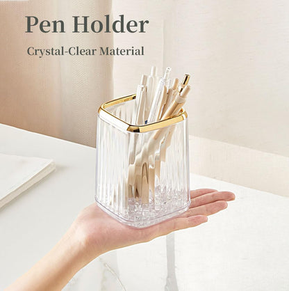 Acrylic Pen Holder, Cute Clear Gold Desk Organizer for Pencils, Makeup Brushes Toothbrushes with Striped Design for Vanity Bathroom Storage Cup