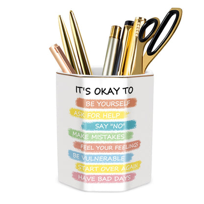 Ceramic Marble Pen Holder, Cute Stationery Holder for Office, Makeup Brush Holder for Girl Women, Colorful Green