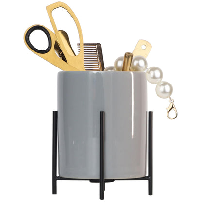 Gold pencil cup Sturdy metal frame with white ceramic pen holder For desks and kitchen appliance holders