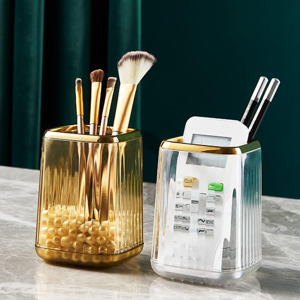 Lebenrich Makeup Brush Holder Organizer for Vanity, Acrylic Gold Make Up Brushes Holders Container Storage Cup with Striped Design for Bathroom Countertop, Pen Pencil Holder Cosmetic Cup for Desk