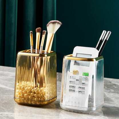 Lebenrich Makeup Brush Holder Organizer for Vanity, Acrylic Gold Make Up Brushes Holders Container Storage Cup with Striped Design for Bathroom Countertop, Pen Pencil Holder Cosmetic Cup for Desk
