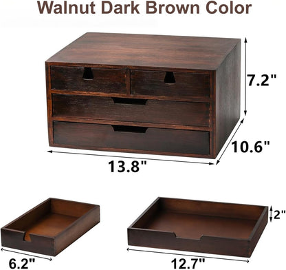 DEAYOU Bamboo Desk Organizer, 100% Natural Bamboo Desktop Drawer Organizer, Dark Brown Tabletop Storage Cabinet Organization Box with 4 Drawer for Makeup, Letter, Home, 3 Layer, Fully Assemble