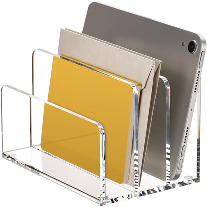 YUXUN Acrylic Mail Organizer, Clear Mail Holder - 2 Compartments Mail Sorter, File Organizer for Desk, Office Accessories for Mail, Bills, Documents, Notebooks