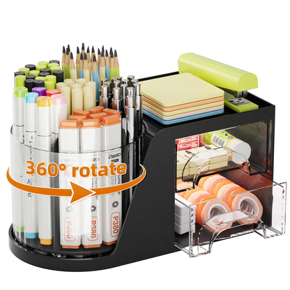 Marbrasse Desk Organizer with 2 Drawer, 360°Rotating Pen Holder, Desk Organizers and Accessories with 6 Slots Pencil Holder + 2 Drawer, Art Supply Storage Box Caddy for Office (Green)