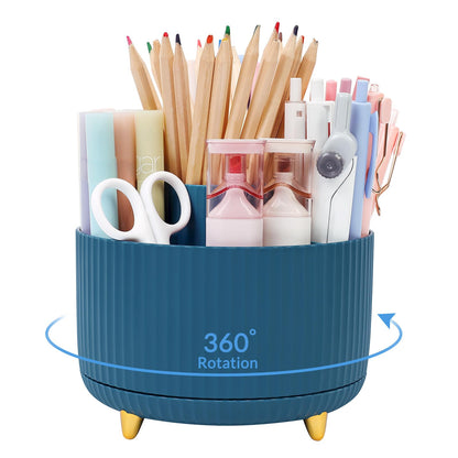 SKYDUE 360 Rotating Plastic Desk Pen Organizer with 5 Slots, Dual-Purpose Art Supply Pencil Cup for Office, School, Home