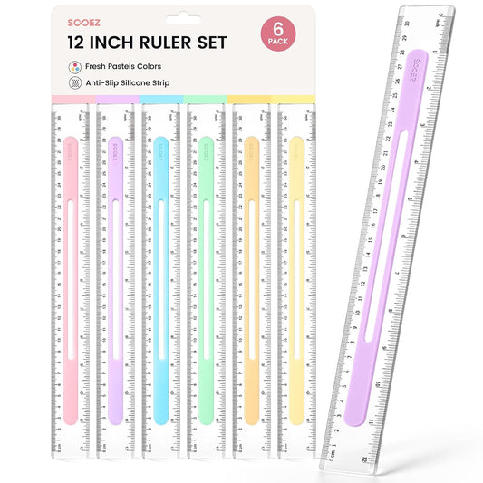 Sooez 6 Pack Ruler 12 Inch, Anti-Slip Clear Rulers for Kids School, Pastels