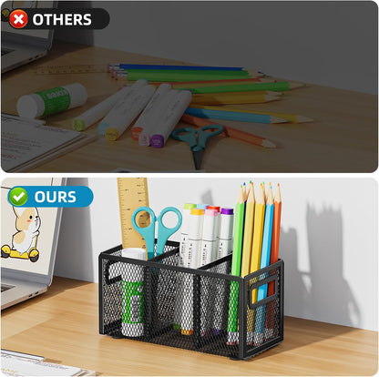 Marbrasse Mesh Pen Holder for Desk, Pencil Holder Desk Organizer 3 Adjustable Compartments, Pencil Cup with Handle Perfect for Classroom, Office, Home, Makeup, Art (Black)
