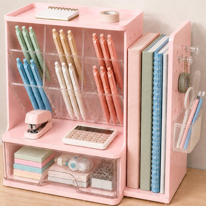 Sooez Desk Organizer with Bookends, Pegboard & Drawer, Pen & Pencil Holder