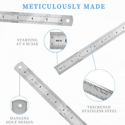 Metal Ruler, 3 Pack, 6, 8, 12 Inch (15, 20, 30 CM) | Metric Ruler