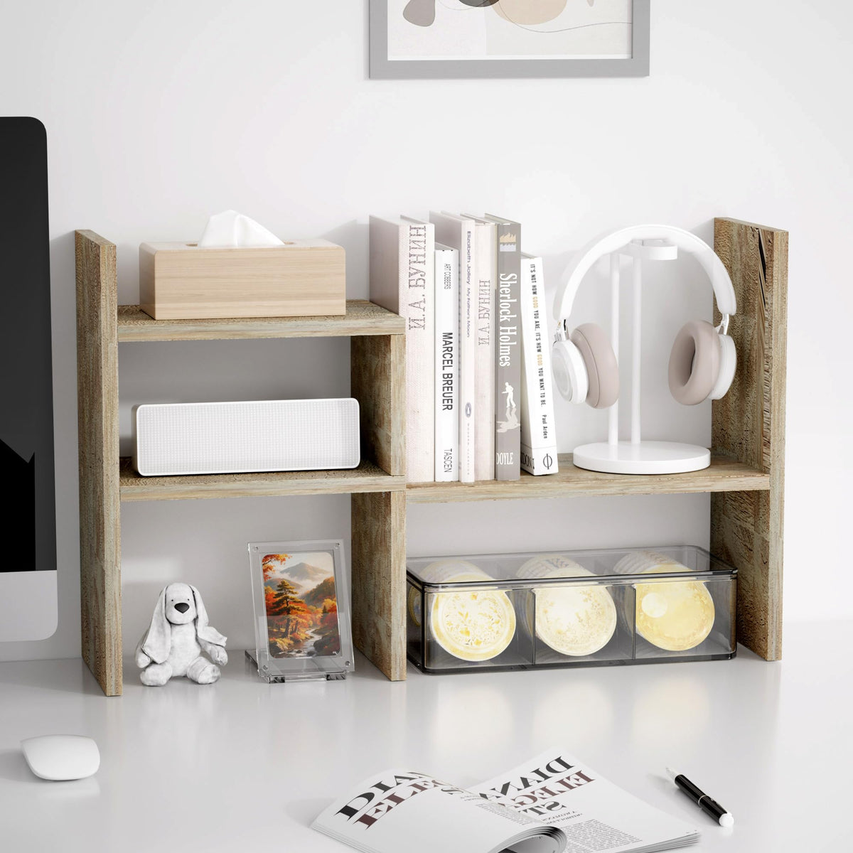 Jerry & Maggie - Desktop Organizer Office Storage Rack Adjustable Wood Display Shelf | Birthday Gifts - Toy - Home Decor | - Free Style Rotation Display - True Natural Stand Shelf (White)