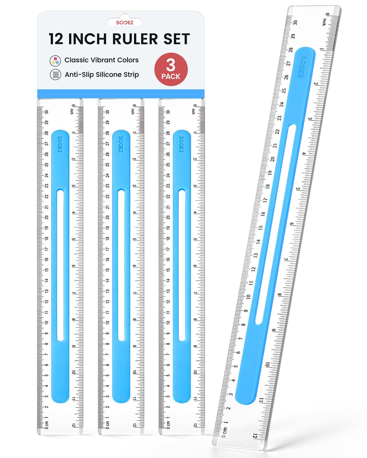 Sooez 3 Pack Ruler 12 Inch, Anti-Slip Clear Rulers for Kids School, Pastels