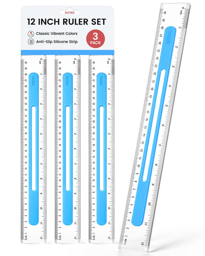 Sooez 3 Pack Ruler 12 Inch, Anti-Slip Clear Rulers for Kids School, Classic