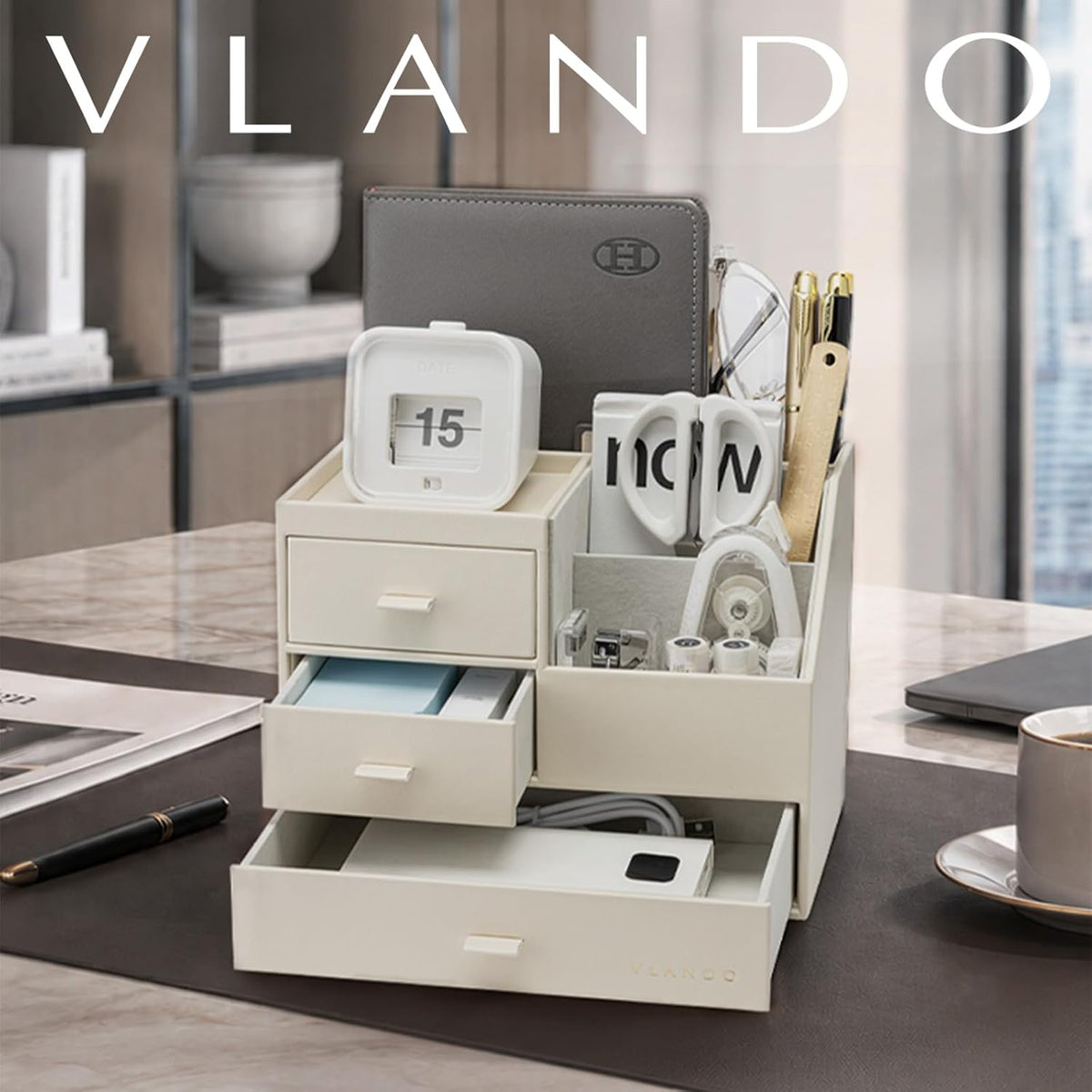 VLANDO Desk Organizer,PU Leather Office Storage with Compartments,Beige